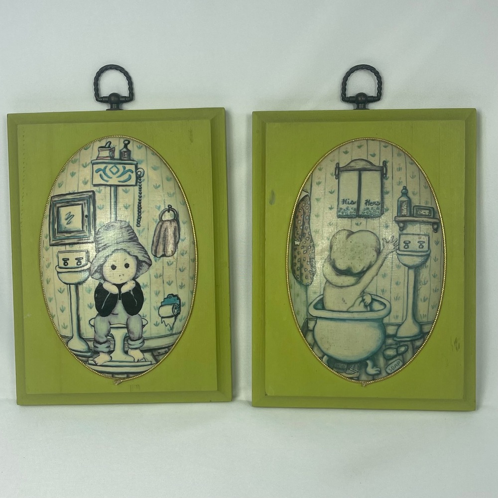 Vintage Handmade Decoupage Wood Bathroom Wall Art Set Convex Chartreuse 8.5x6.25